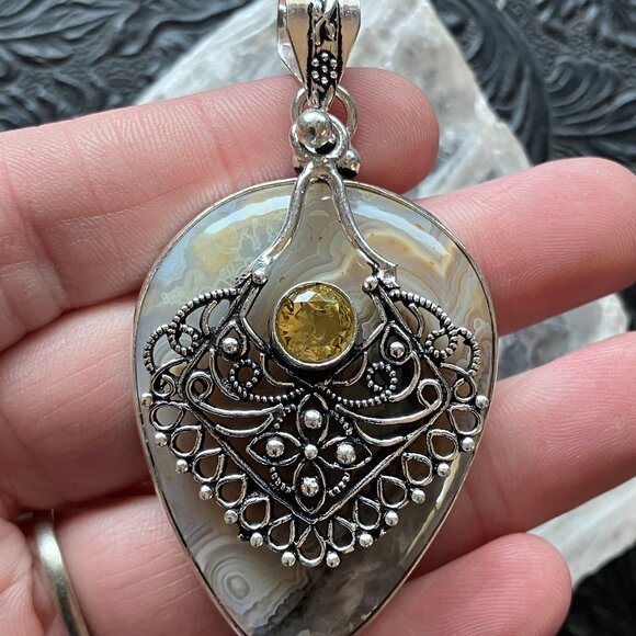 Boho Styled Citrine and Crazy Lace Agate Pendant Stone Crystal Jewelry - Picture 4 of 8